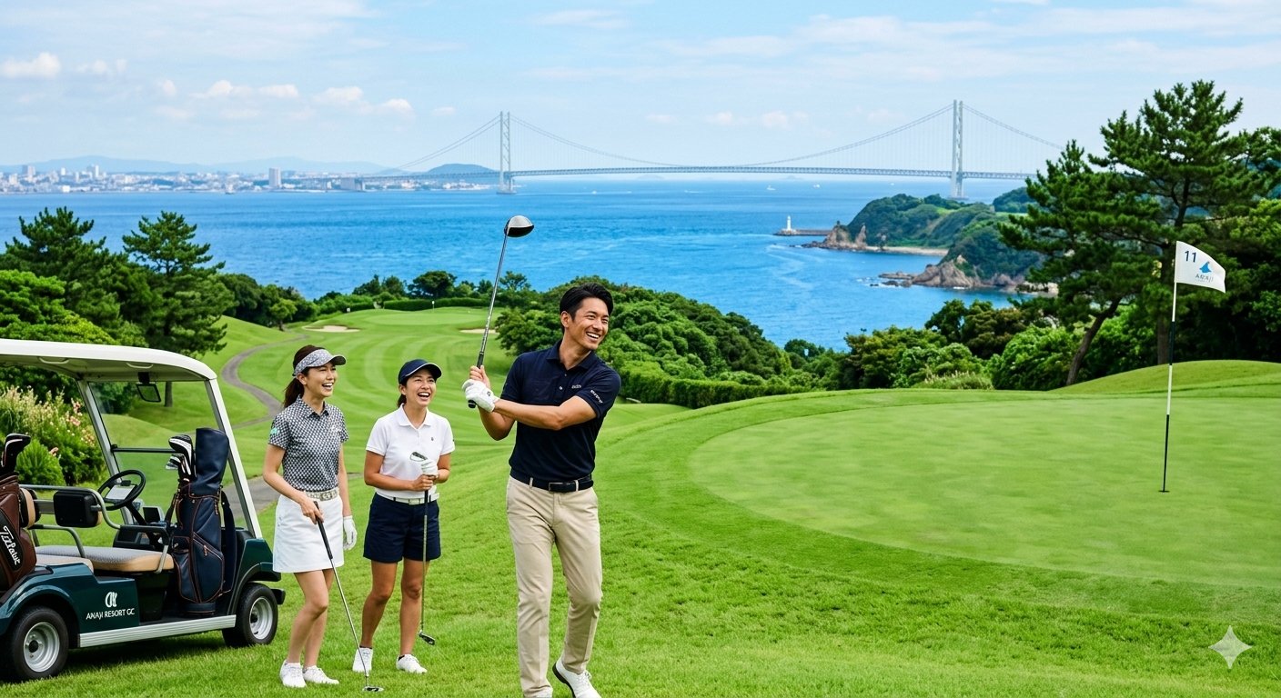 Joyful Asian family enjoying golf at a scenic Japan resort overlooking the ocean — active longevity and wellness