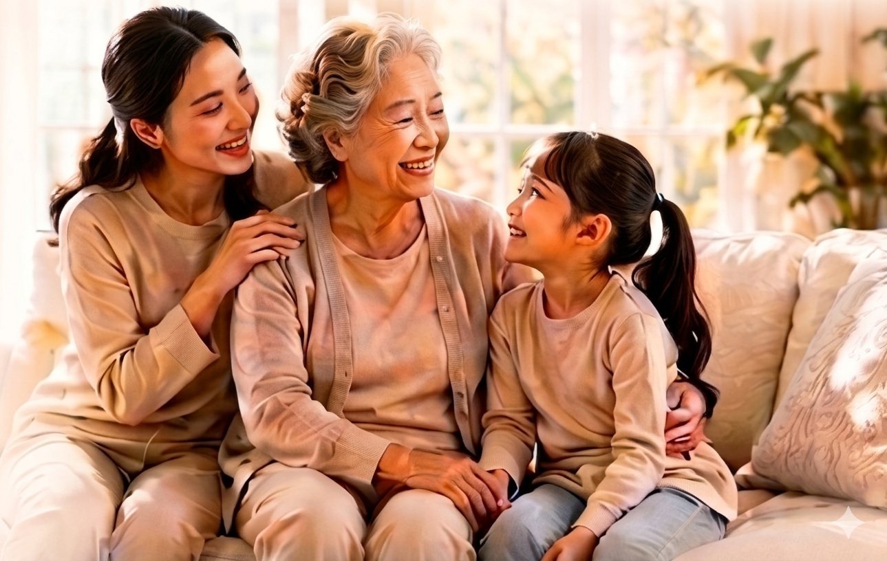 Three generations of Asian family — grandmother, mother and daughter sharing a joyful moment