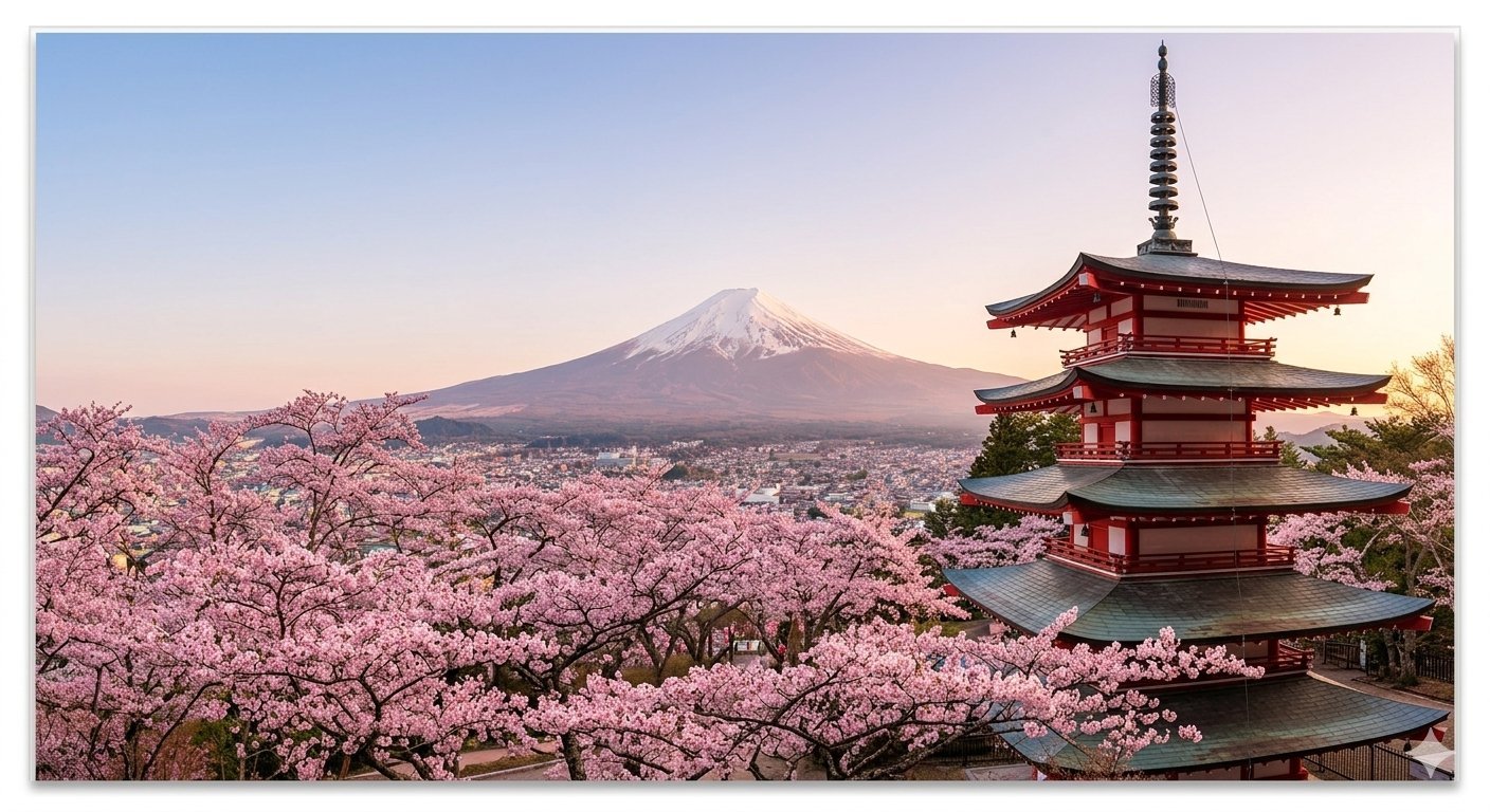 Japan cherry blossom pagoda Mt Fuji — medical wellness tourism